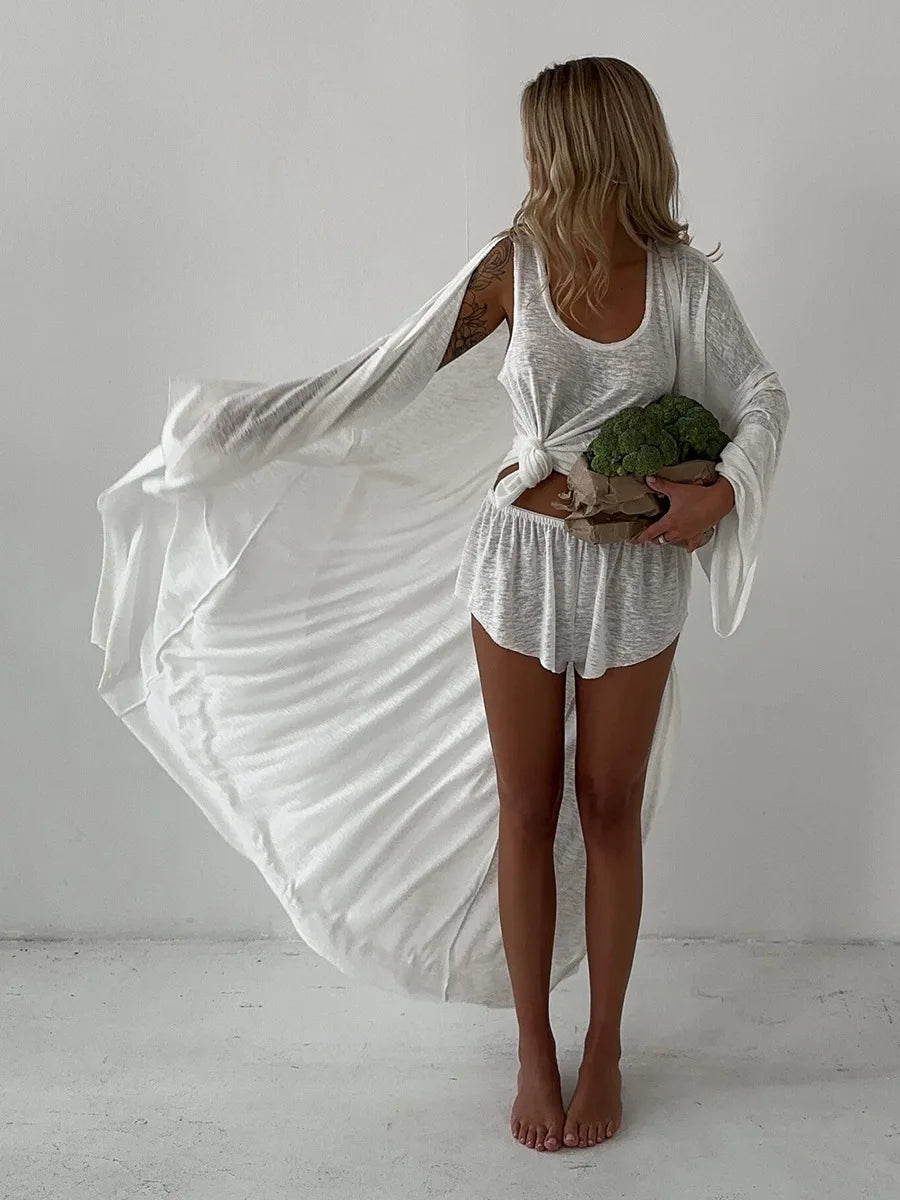 Bornladies White Robe Vest Shorts 3-Piece Set  Woman Autumn New Semi Transparent Beachwear Casual Long Sleeved Cardigan Set