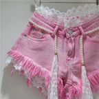 Crochet Lace Trim Slimming Raw Hem Denim Shorts + Pearl Belt