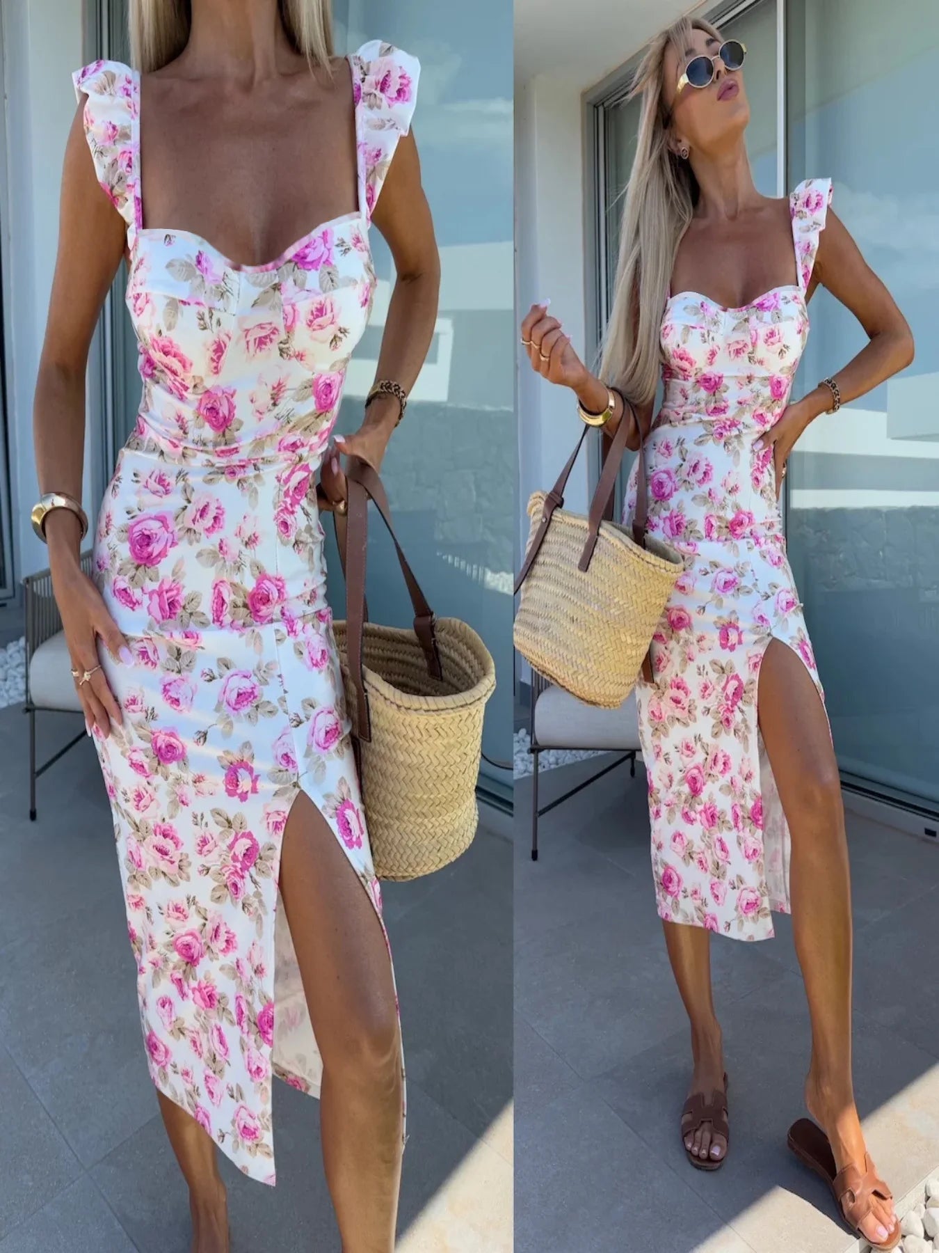 Flower Suspender Slit Midi-Length Dress