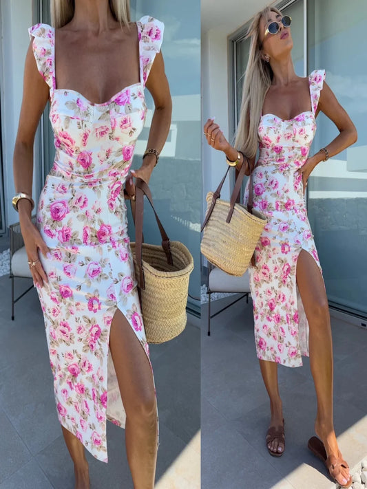 Flower Suspender Slit Midi-Length Dress