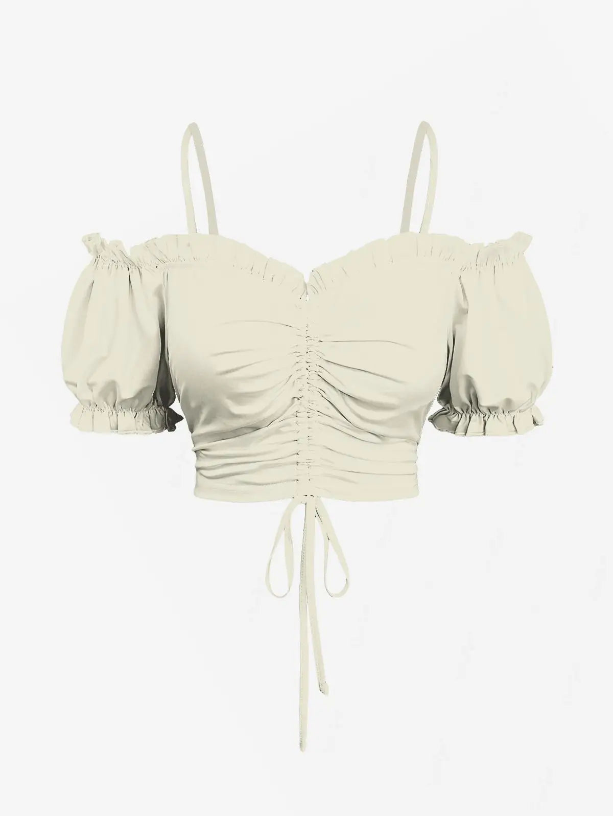 Cold Shoulder Puff Sleeves Cinched Ruffles Cropped Tops Solid  Women Summer Casual Cami Top XS-3X