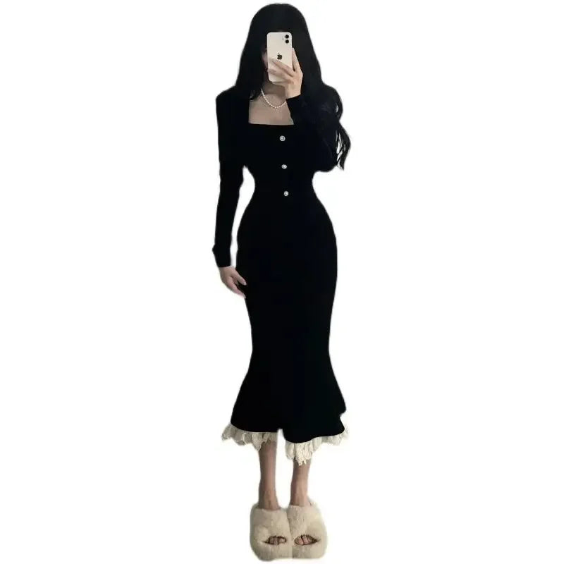 Square Collar Black Velvet Fish Tail Dress