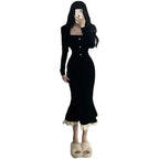 Square Collar Black Velvet Fish Tail Dress