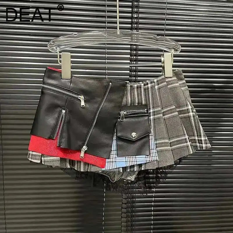 DEAT Patchwork Plaid Irregular Pleated Mini Skirt