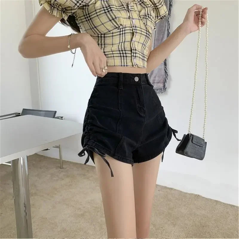 Ruched Drawstring Denim Shorts