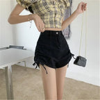Ruched Drawstring Denim Shorts