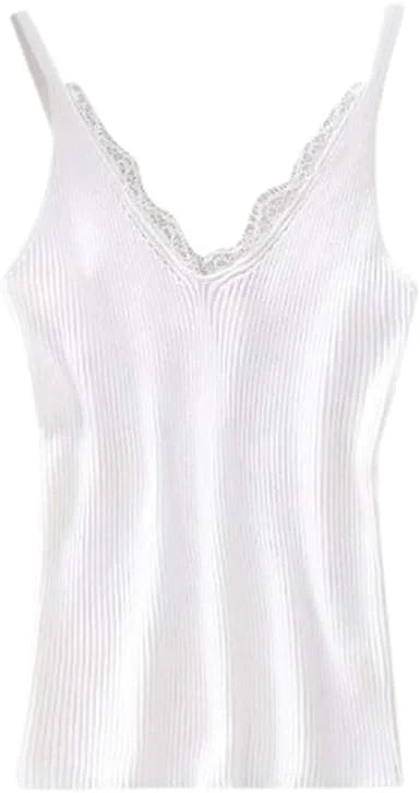 Lace Top V-neck Solid Knit Tank