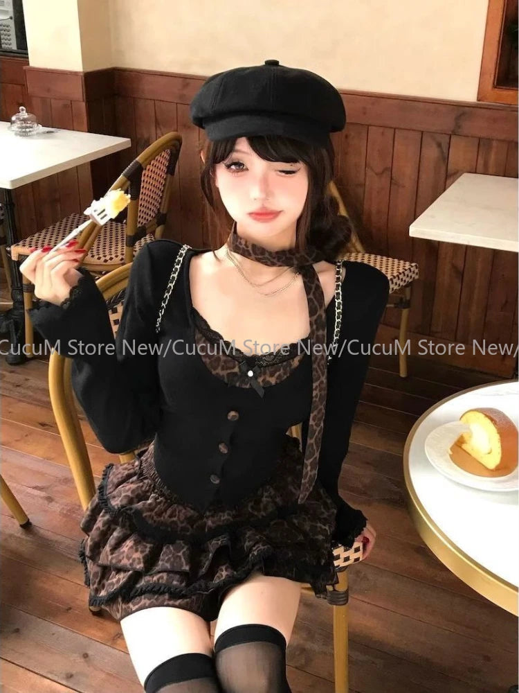 Long Sleeve Leopard Lace Tops + Mini Skirt Set