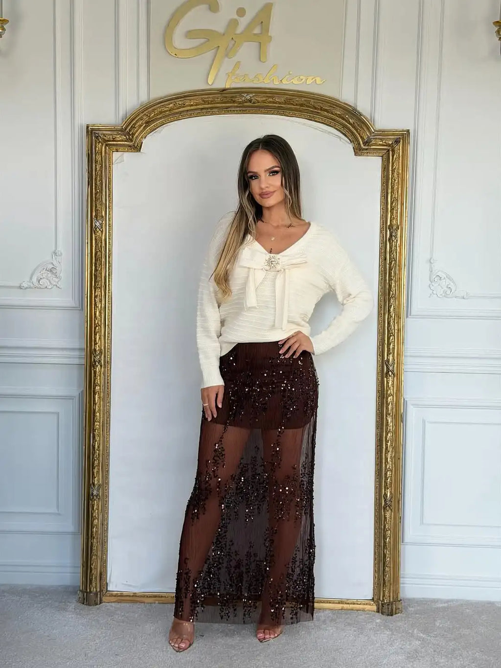 Sequin Patchwork Lace Long Skirt