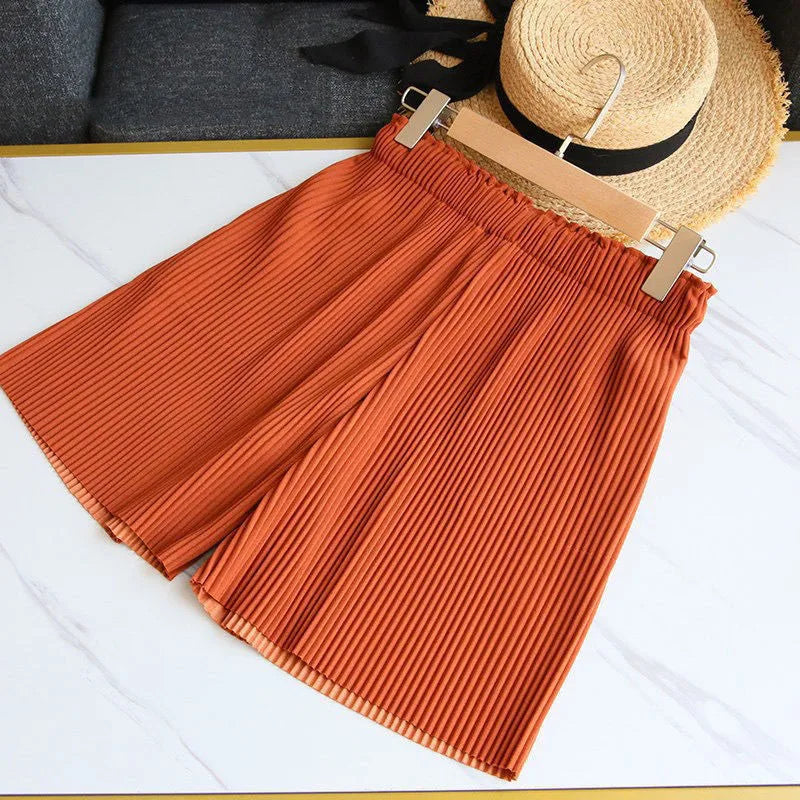 Elastic High Waist Pleated Shorts