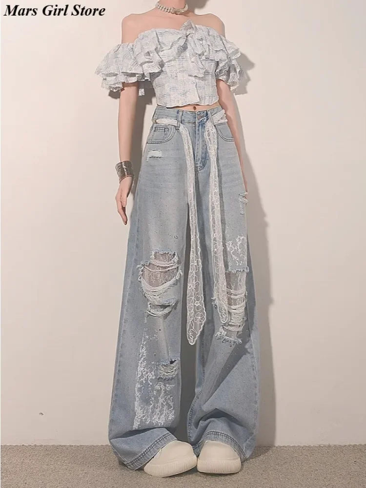 Ripped Lace Rhinestone Jeans