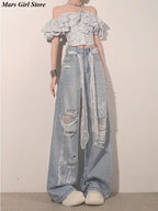 Ripped Lace Rhinestone Jeans