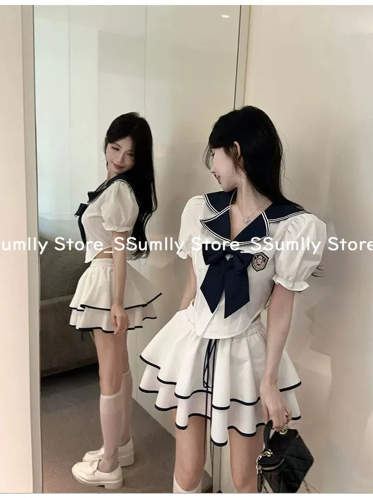 Navy Collar Short Sleeve Top + Mini Pleated Skirt Set