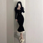 Square Collar Black Velvet Fish Tail Dress