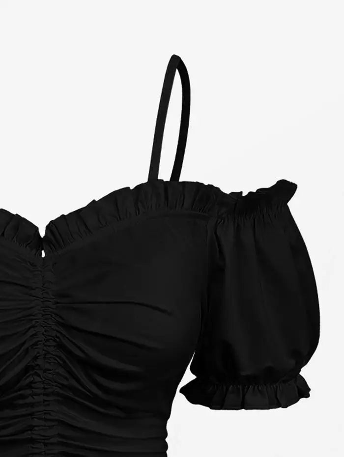 Cold Shoulder Puff Sleeves Cinched Ruffles Cropped Tops Solid  Women Summer Casual Cami Top XS-3X