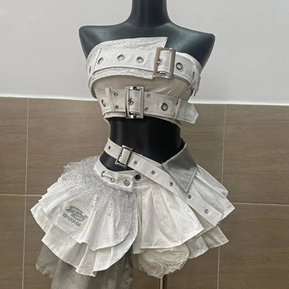 サマービンテージエレガントY2Kレディース2ピースセット パンクゴシックストラップレスクロップトップス＋ハイウエストラッフルスカート 女性用パーティ衣装 2025