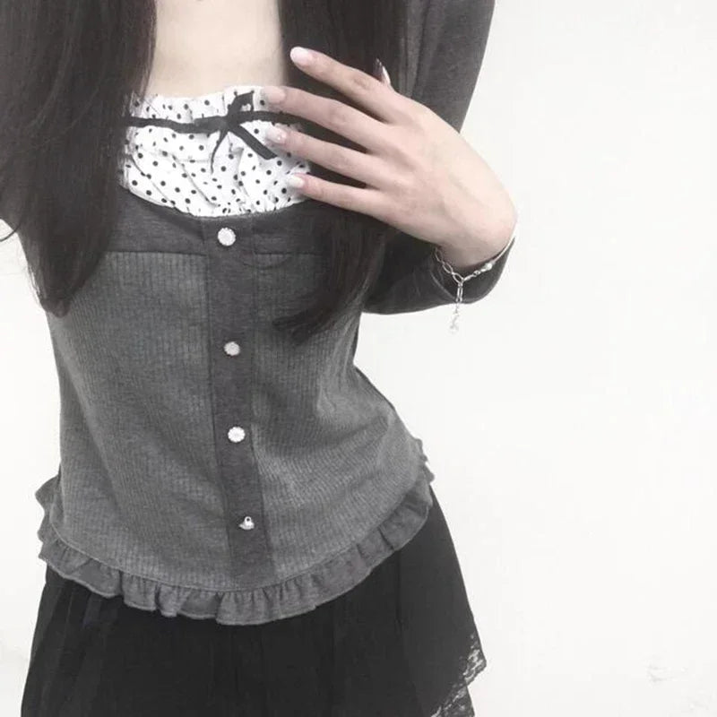 Polka Dot Print Contrast Patchwork Knitted Top