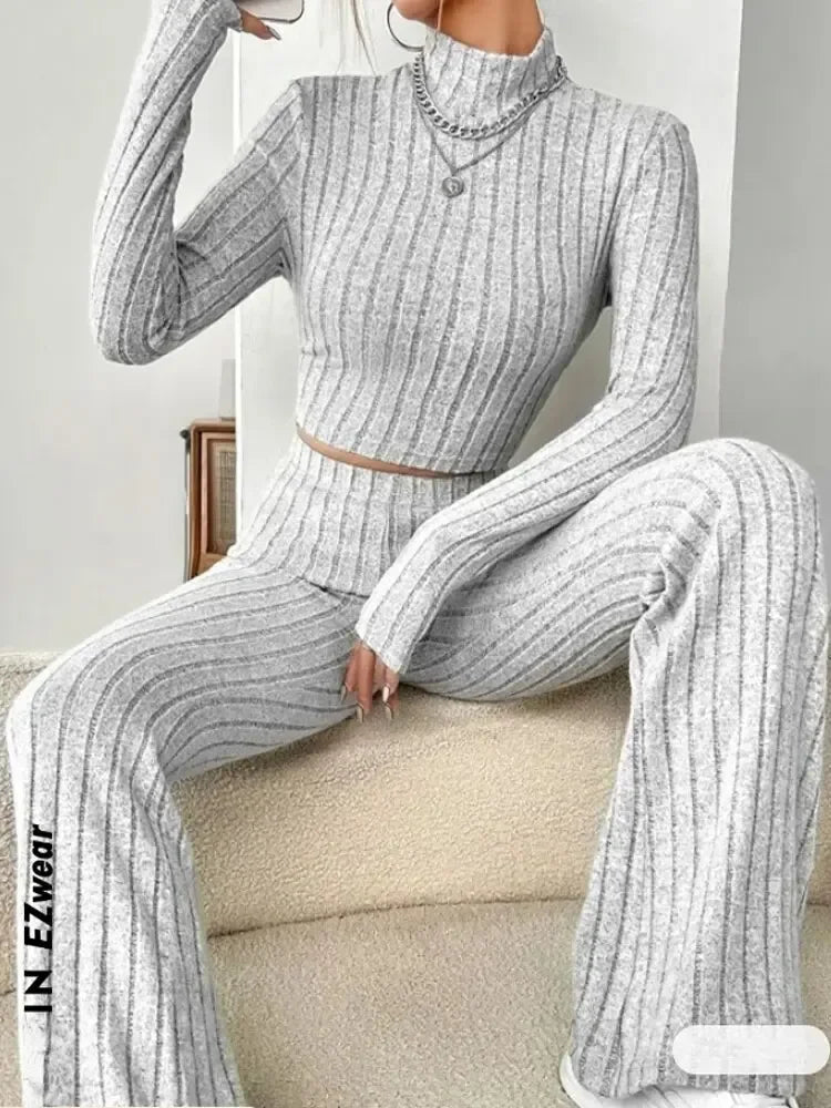 Solid ColorElegant Round Neck Tops Loose Pants Set
