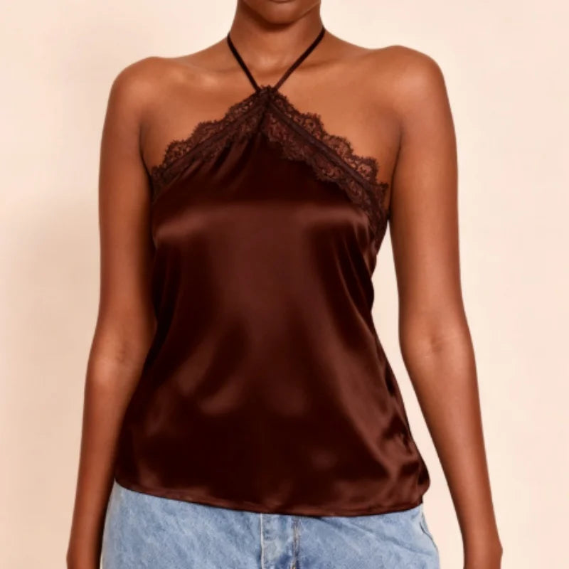 Lace Trim Halter Neck Tank Top