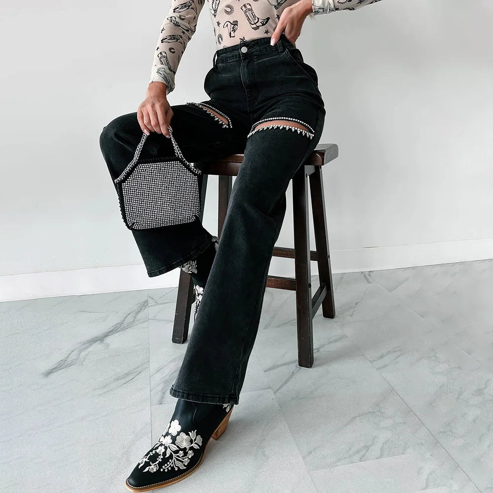 High-Waisted Wide-Leg Jeans with Rhinestone Fringe Thigh Cutouts
