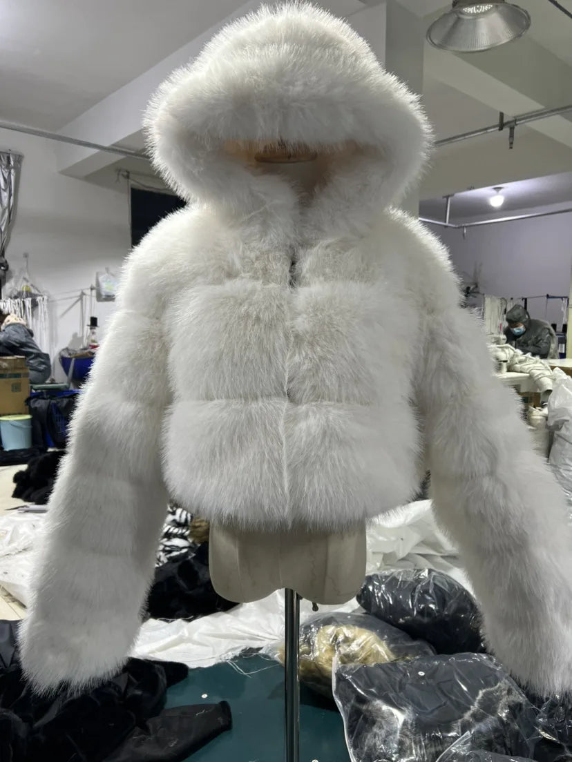 Women Faux Fox Fur Coats Short Work Fur Jackets Spliced Hooded Long Sleeves Thick Warm Fur Loose Y2k Casual 2025 Autumn Winter
