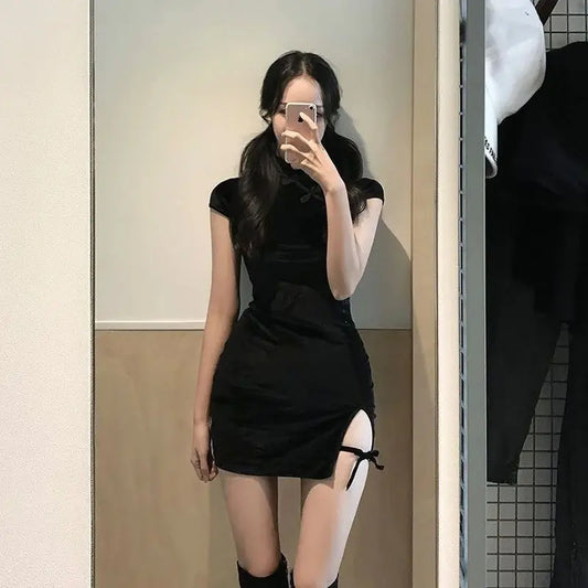 Solid Color High Neck Short-Sleeved Dress