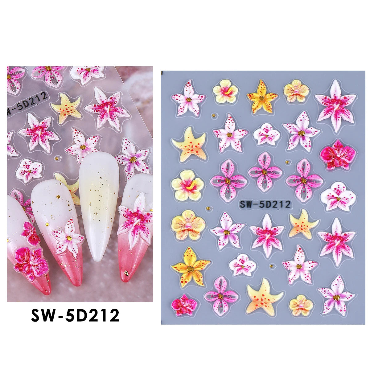 5D Summer Flowers Nail Embossed Stickers Pink Frangipani Hibiscus Five Petal Floral Starfish Decal DIY Tropical Manicure Sliders