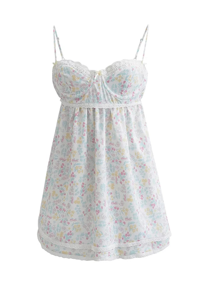 YENKYE Lace Trim Floral Print Sling Dress