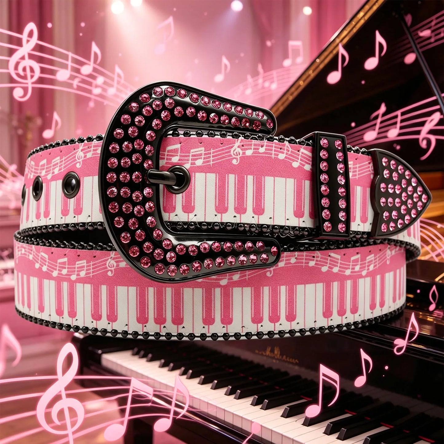 Western Cowboy Rhinestone Buckle PU Belt, Cute Pink Piano Keys & Musical Notes Print Glitter Decor Belt for Women Jeans Pants