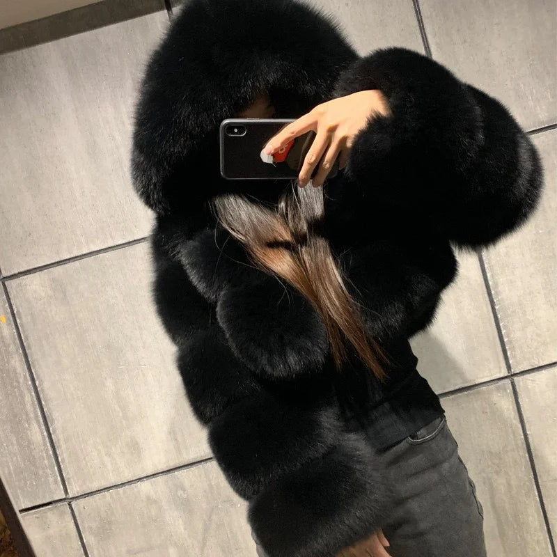 Women Faux Fox Fur Coats Short Work Fur Jackets Spliced Hooded Long Sleeves Thick Warm Fur Loose Y2k Casual 2025 Autumn Winter