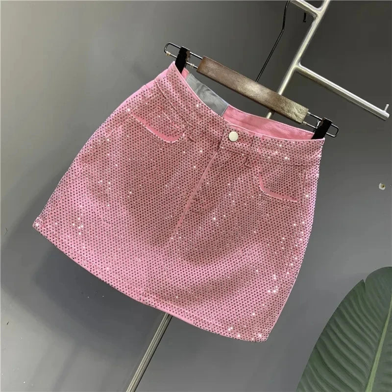 High-Waisted Rhinestone Denim Mini Skirt