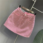 High-Waisted Rhinestone Denim Mini Skirt