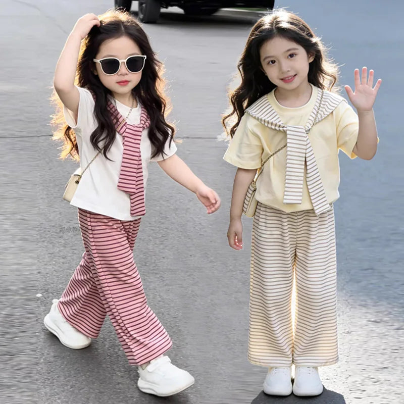 Short-sleeved Stripes Shawl + Wide-leg Pants Set
