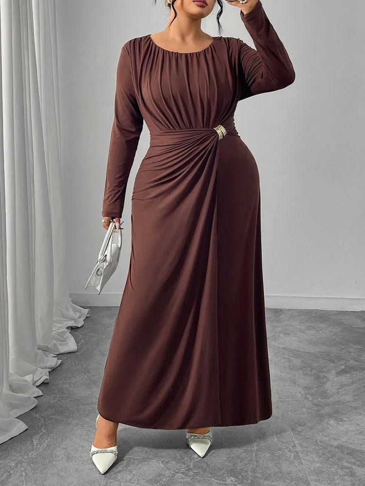 GIBSIE  Pleated O-Neck Long Sleeve Maxi Dress