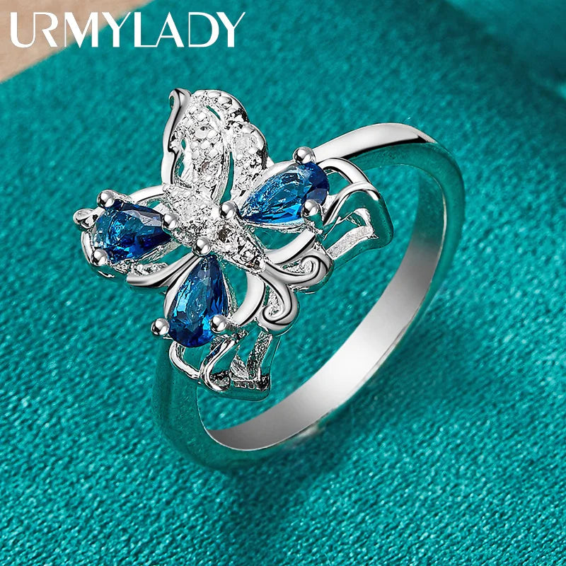 925 Sterling Silver Butterfly Blue Zircon Ring