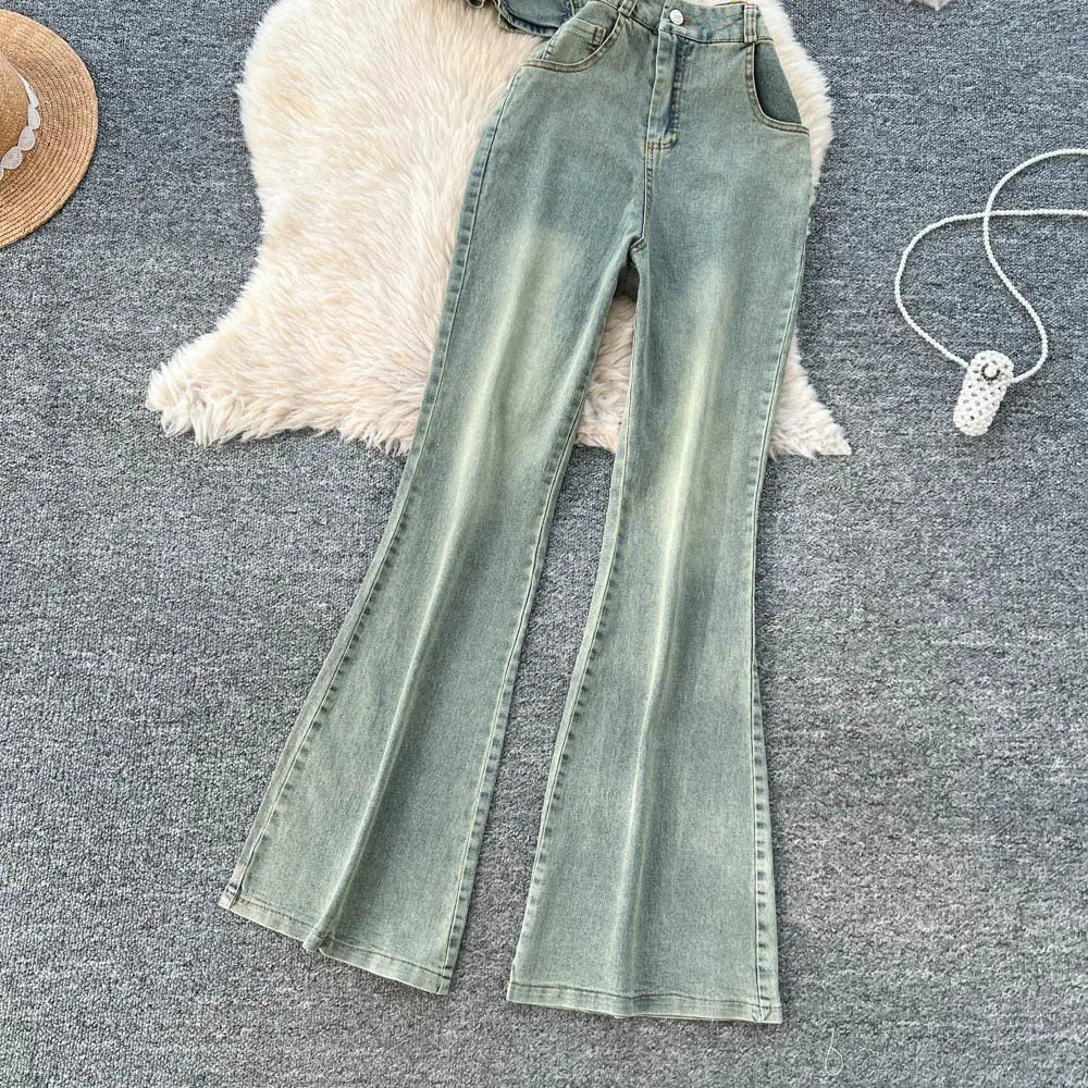 Denim Button Pocket Strapless Top Zipper Empire Waist Full Length Flare Pants Set