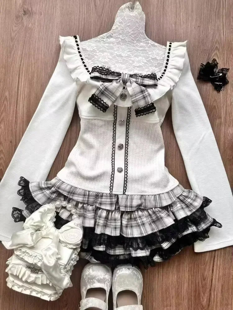 Long Sleeve Cardigan Tops + Slim Bow White Vest + High Waist Ruched Lace Cake Skirt Set