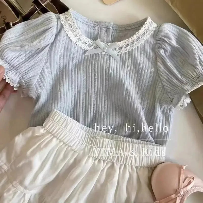 Solid Color Bow Short Sleeved T-shirt Culottes Two Piece Set