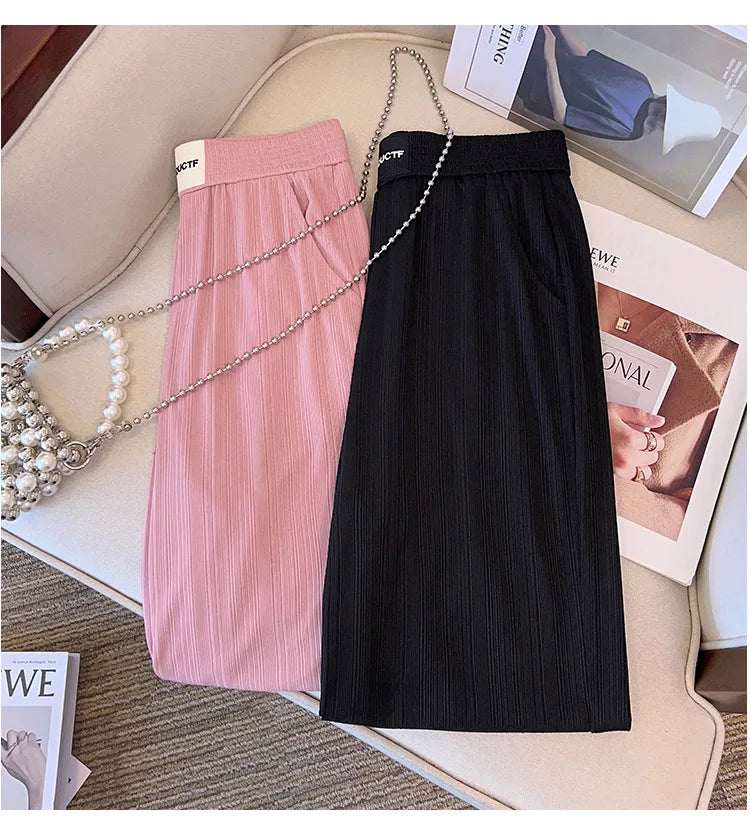 Loose Straight Leg High Waisted Ice Silk Cropped Pants