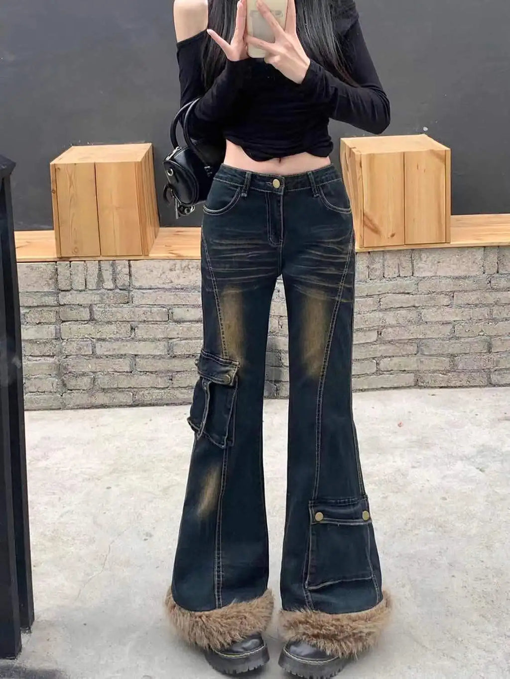 Faux Fur Denim Flare Pants