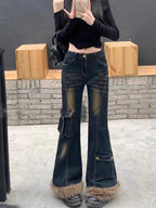 Faux Fur Denim Flare Pants