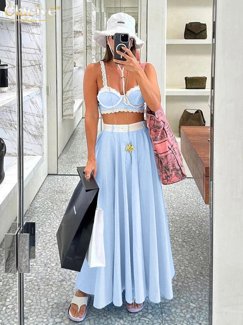 Loose Blue Stripe Skirt Set