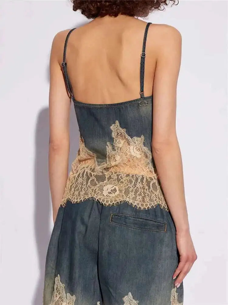 DEAT 2 Pcs Set Denim Lace Backless Tank Tops High Waist Lace-up Pockets Knee Length Shorts