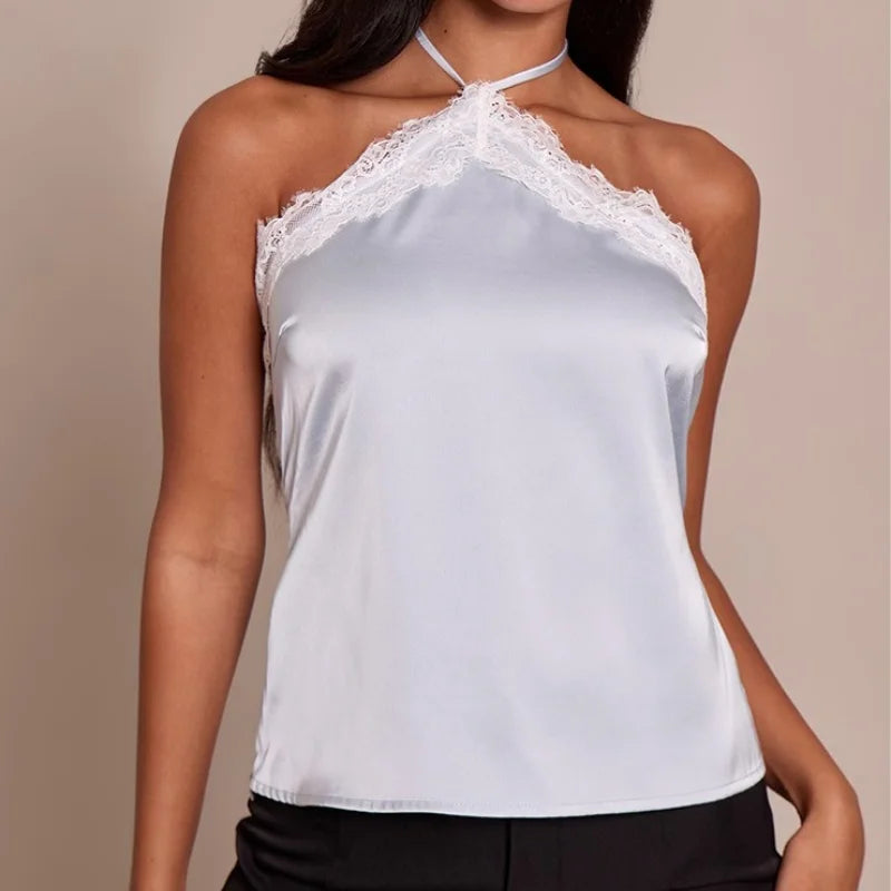 Lace Trim Halter Neck Tank Top