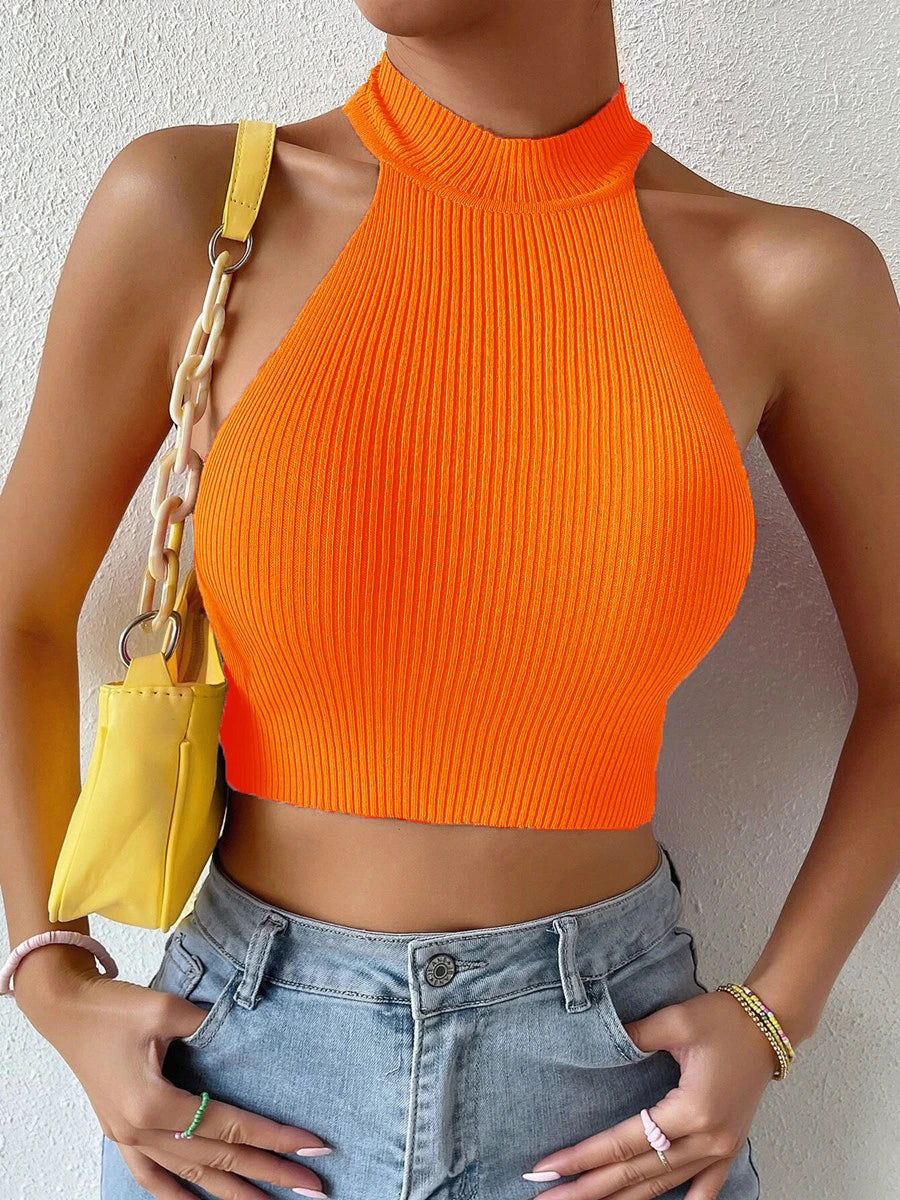 Knit Sleeveless Corset Halter Crossfit Crop Top