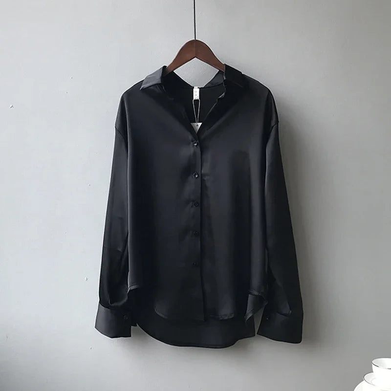 Fall Turn-down Collar Satin Loose Shirt
