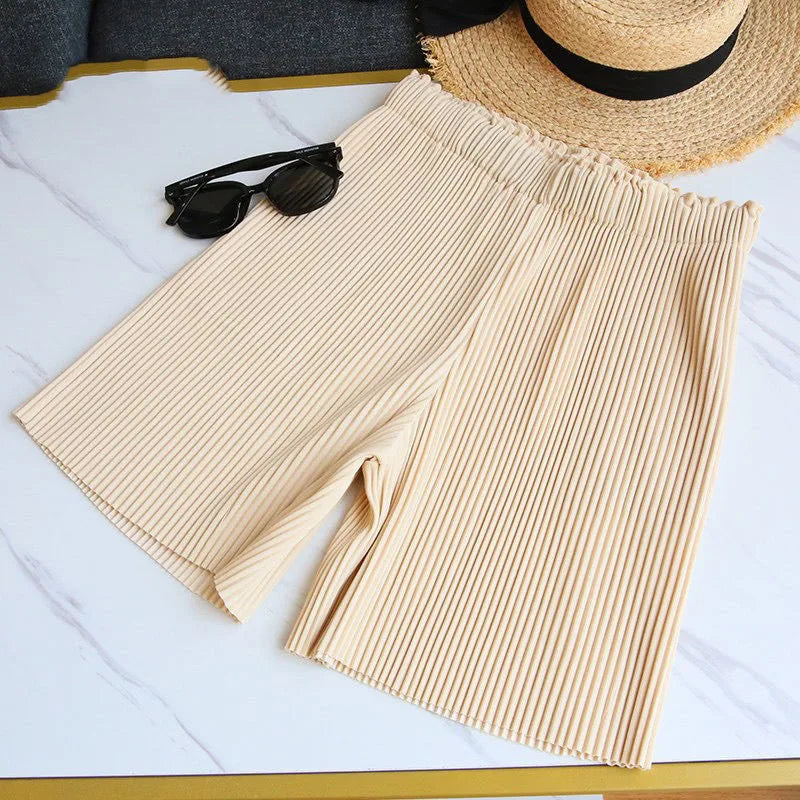 Elastic High Waist Pleated Shorts