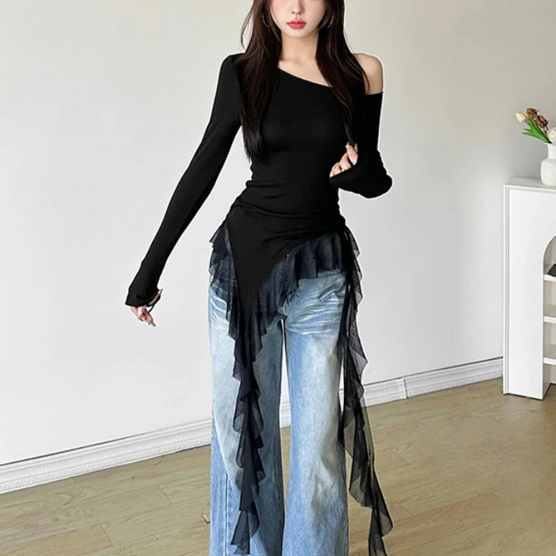 Lamuusaa Solid Color Off Shoulder Long Sleeve Asymmetrical Ruffle Hem T-Shirt