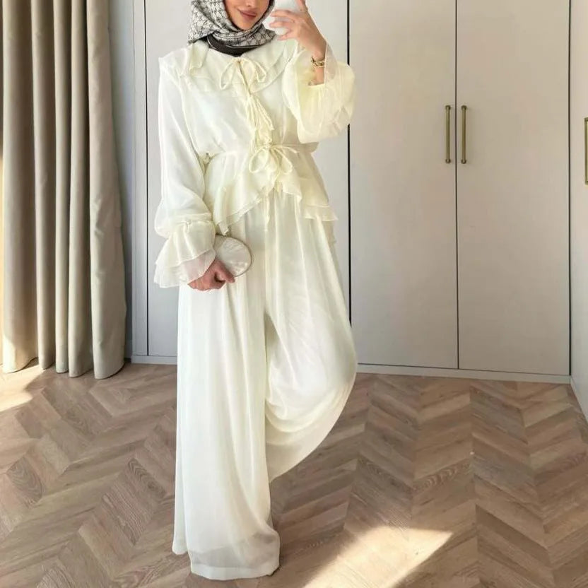 Women Top Wide Leg Pants 2 Piece Set Ramadan Eid Muslim Blouse Trousers Arabic Outfits Morocco Lace Up Dubai Islam Ensemble