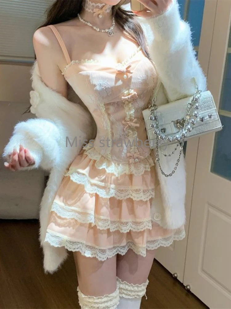 Bow Lace Sleeveless Sling + Elastic Waist Short Skirt Set